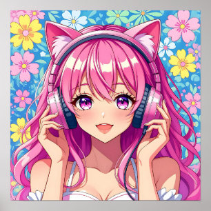 Schattig Roze Anime Meisje met Hoofdtelefoon Poster