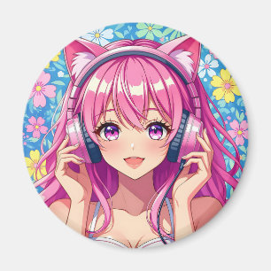 Schattig Roze Anime Meisje met Koptelefoon Magneet