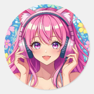 Schattig Roze Anime Meisje met Koptelefoon Ronde Sticker