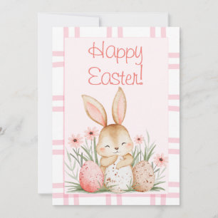 Schattig Roze Aquarel Konijn en Paaseieren Feestdagenkaart