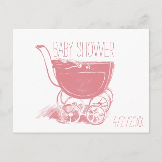 Schattig Roze Baby Girl Carriage Retro Baby shower Uitnodiging Briefkaart (Voorkant)
