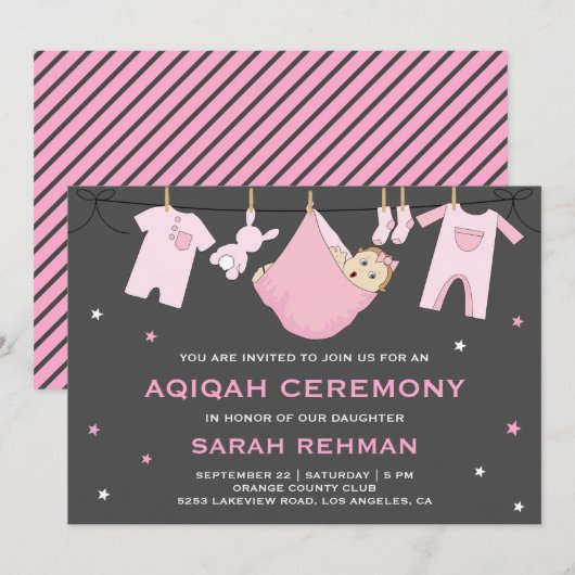 Schattig roze baby meisje Aqiqah Kaart (Voorkant / Achterkant)