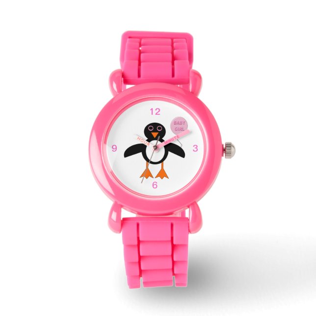 Schattig roze baby meisje pinguïn glitter horloge (Voorkant)