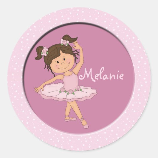 Schattig roze ballerina 4 aangepaste naam ronde sticker (Voorkant)