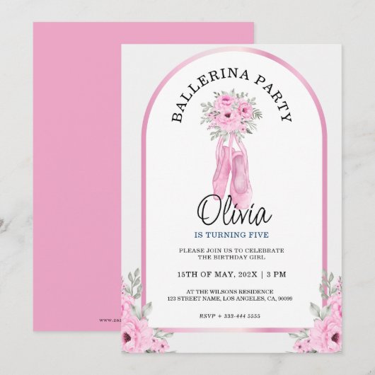 Schattig Roze Ballerina Party Kaart (Voorkant / Achterkant)