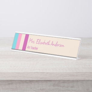 Schattig Roze Blauw Beige Gestreepte & Docent Naam Bureau Naambordje