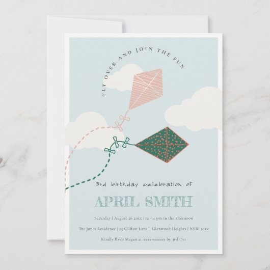 Schattig roze blauw vliegende vlieger sky wolken v kaart (Voorkant)