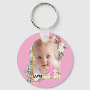 Schattig roze bloem kader baby meisje Eerste kerst Sleutelhanger