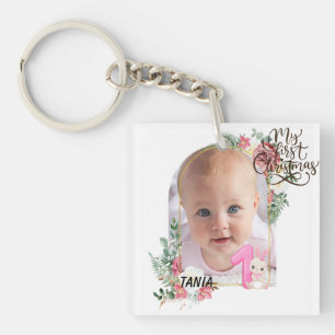 Schattig roze bloemenframe Babymeisje Eerste kerst Sleutelhanger