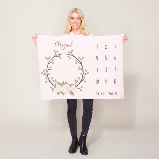 Schattig roze bloemenkrans Baby Milestone Fleece Deken (In situ)