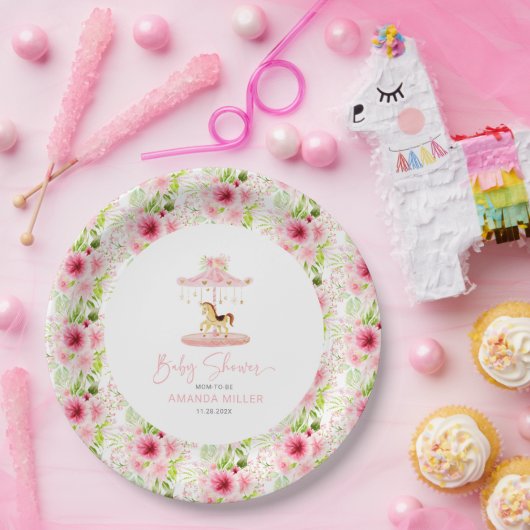 Schattig roze bloemige Pony carrousel Papieren Bordje (Feest)