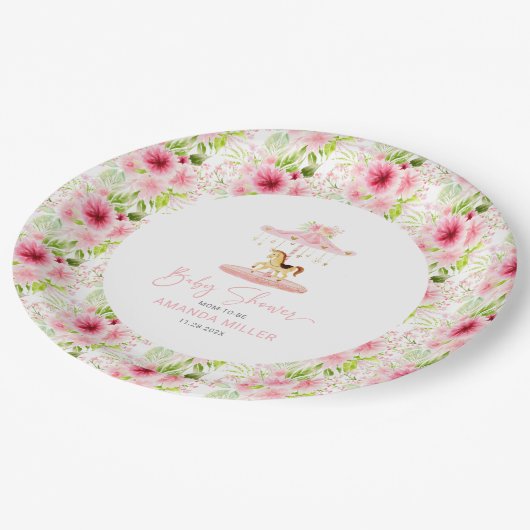 Schattig roze bloemige Pony carrousel Papieren Bordje (Gekanteld)
