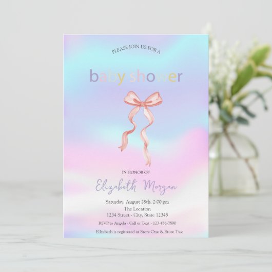 Schattig Roze Bow Holografisch Baby shower Kaart (Staand voorkant)