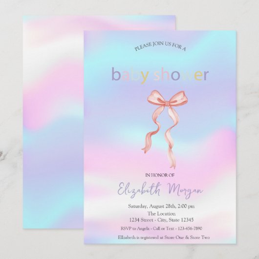 Schattig Roze Bow Holografisch Baby shower Kaart (Voorkant / Achterkant)