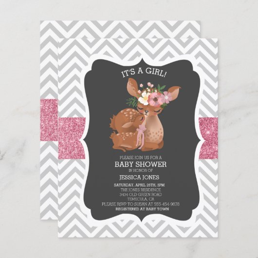 Schattig Roze Deer Chevron Glitter Baby shower Inv (Voorkant / Achterkant)