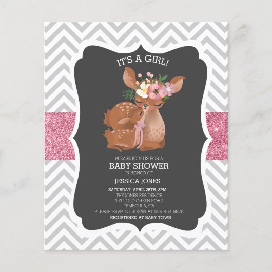 Schattig Roze Deer Chevron Glitter Baby shower Inv (Voorkant)
