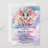 Schattig roze draak 1e verjaardagsfeest kaart (Voorkant)