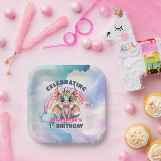 Schattig roze draak 1e verjaardagsfeest papieren bordje (Feest)