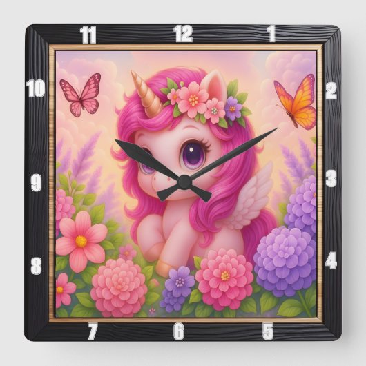 Schattig Roze Eenhoorn Vlinder Vierkante Klok (Voorkant)