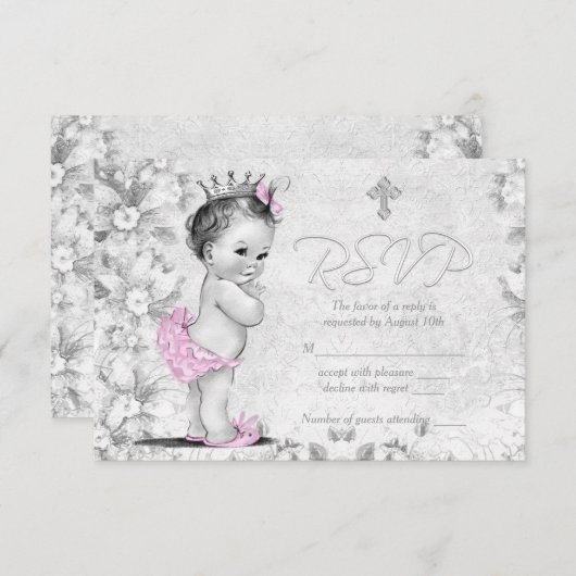 Schattig Roze en Grijze Doop RSVP (Voorkant / Achterkant)