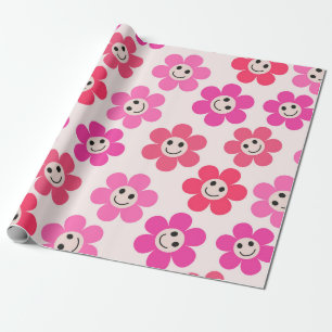 Schattig roze en rode glimlachende bloemenpatroon cadeaupapier