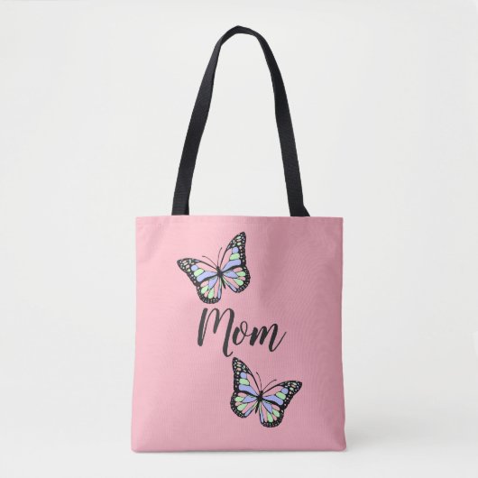 Schattig roze en zwarte tekst mam en vlinders tote bag (Voorkant)