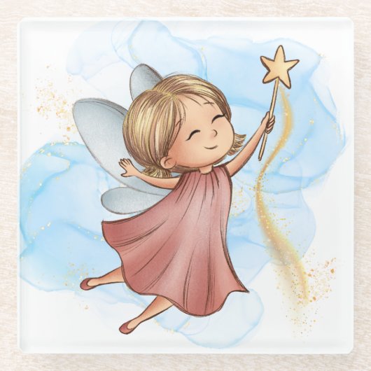 Schattig Roze Fairy Holding Star Wand Glazen Onderzetter (Voorkant)