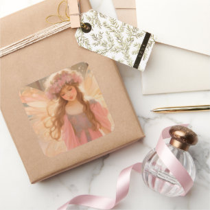 Schattig roze fee fantasy schilderij vierkante sticker