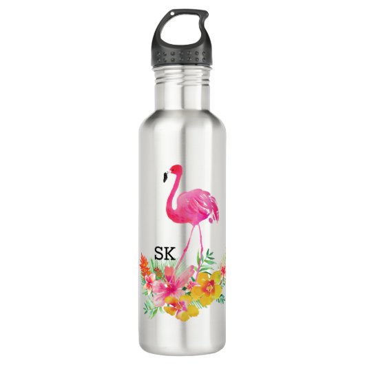 Schattig roze flamingo & tropische bloemen boeket waterfles  (Voorkant)