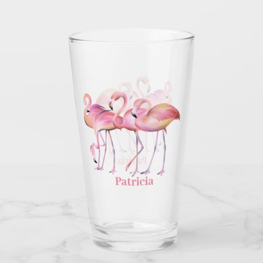 schattig roze flamingo voegt naam strand Glass toe Glas (Achterkant)