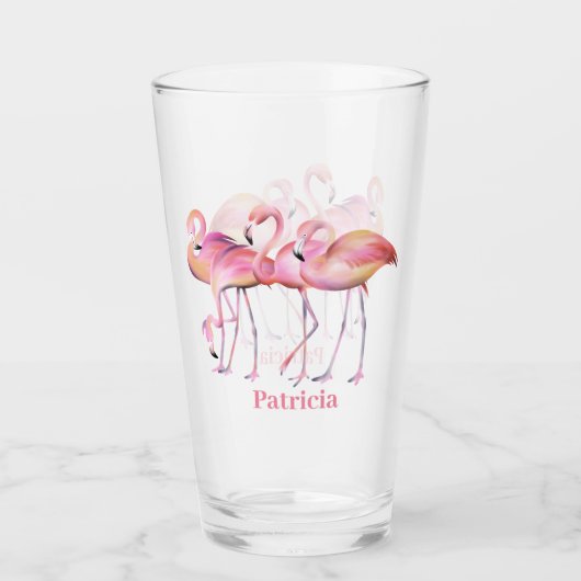 schattig roze flamingo voegt naam strand Glass toe Glas (Voorkant)