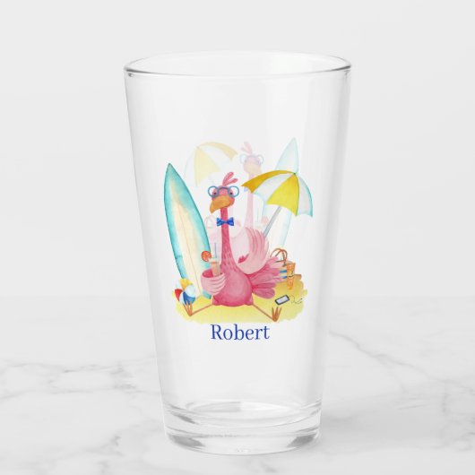 schattig roze flamingo voegt naam toe glas (Achterkant)