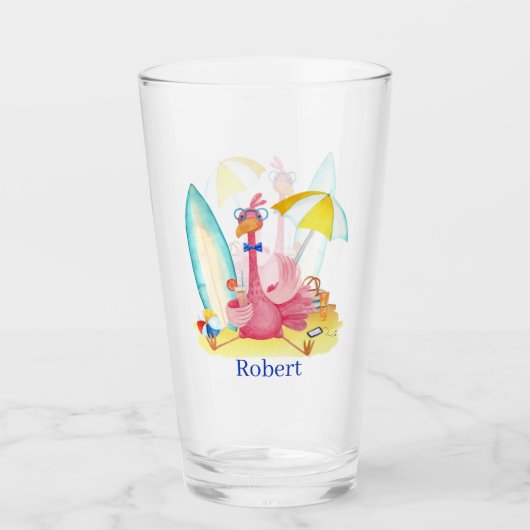 schattig roze flamingo voegt naam toe glas (Voorkant)