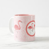 Schattig roze flamingo's & bloemenwervelingen tweekleurige koffiemok (Voorkant links)