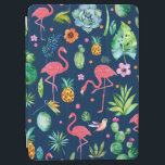 Schattig roze flamingo's & tropisch blad patroon iPad air cover<br><div class="desc">Leuke kleurrijke tropische bloemen,  dieren,  flamingo's,  ananas,  cactus naadloos patroon met marineblauw veranderlijke achtergrondkleur.</div>