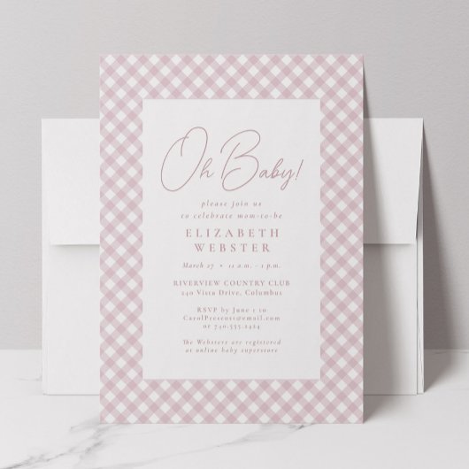Schattig roze gingham eenvoudig meisje baby shower kaart