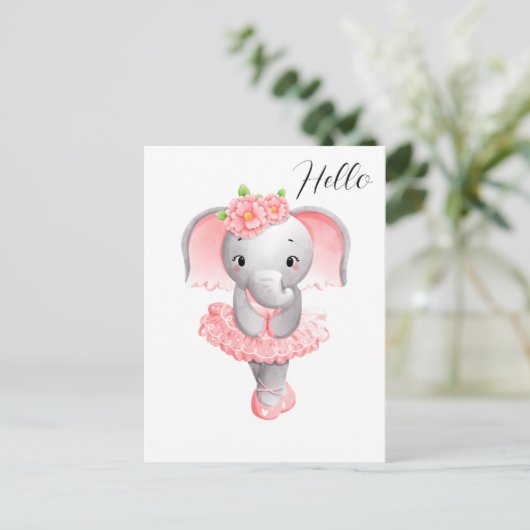 Schattig Roze & Grijs Olifant Ballerina Briefkaart (Staand voorkant)