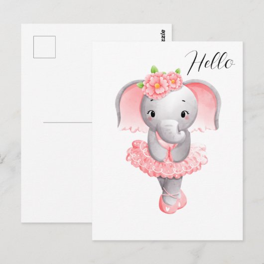 Schattig Roze & Grijs Olifant Ballerina Briefkaart (Voorkant / Achterkant)