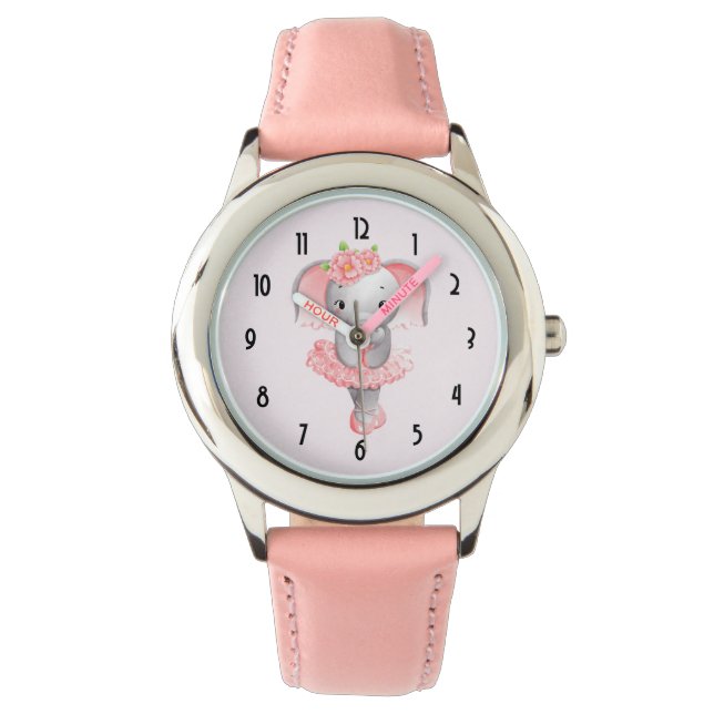 Schattig Roze & Grijs Olifant Ballerina Horloge (Voorkant)