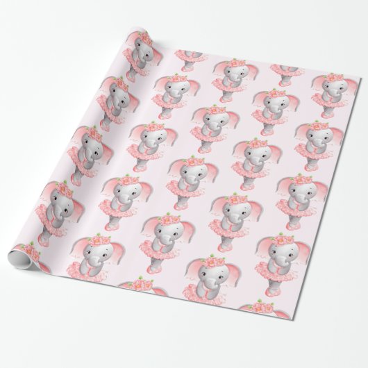 Schattig roze & grijs olifant ballerina patroon cadeaupapier (Uitgerold)