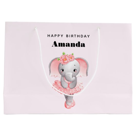Schattig roze & grijs Olifant Ballerina Verjaardag Groot Cadeauzakje (Achterkant)