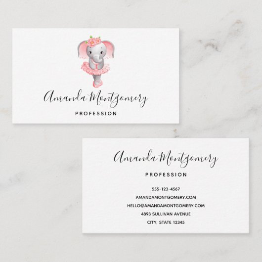 Schattig Roze & Grijs Olifant Ballerina Visitekaartje (Voorkant / Achterkant)