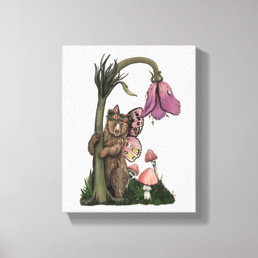 Schattig Roze Grizzly Beer Fairy in Enchanted Fore Canvas Afdruk (Voorkant)