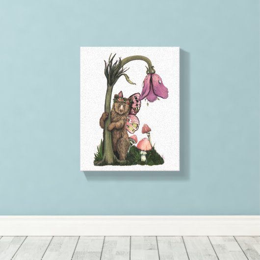 Schattig Roze Grizzly Beer Fairy in Enchanted Fore Canvas Afdruk (Insitu (Houten vloer))