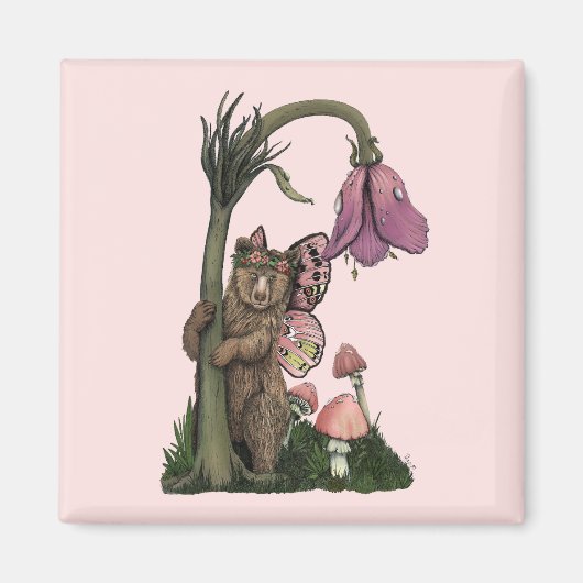 Schattig Roze Grizzly Beer Fairy in Enchanted Fore Magneet (Voorkant)