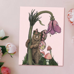 Schattig Roze Grizzly Beer Fairy in Woodland Fores Briefkaart