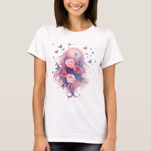 Schattig Roze Haar Bloem Anime Meisje met Vlinders T-shirt