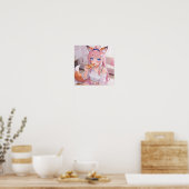 Schattig Roze Haar Vos Meisje Eet Pizza Poster (Keuken)