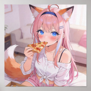 Schattig Roze Haar Vos Meisje Eet Pizza Poster