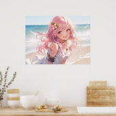 Schattig roze haired anime meisje op het strand poster (Keuken)